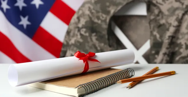 Military education photo of diploma and military uniform with an American flag background