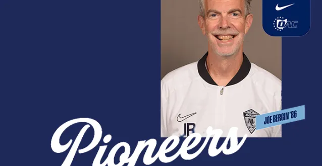 Joe Bergin photo with Pioneers in script font across a blue background