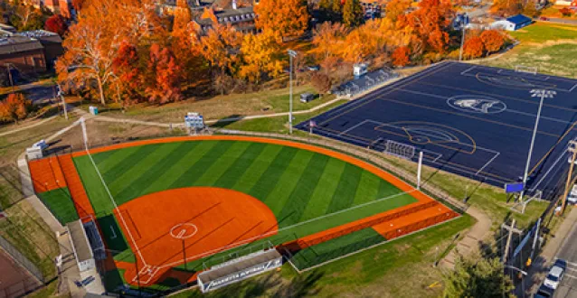 Aerial view of new Marietta College softball field with artificial turf