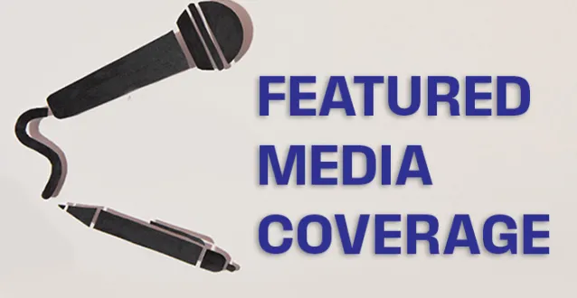 Silhouetted microphone and pen and text: feature media coverage