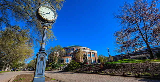 Marietta College campus Legacy Library with PRK clock in foreground