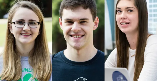 Headshots of Ashley Klopfenstein, Stephen True and Rachel George