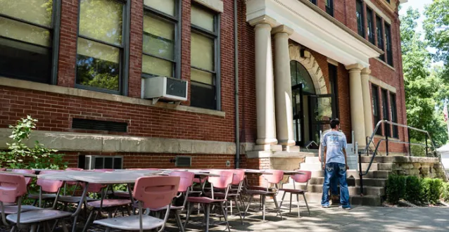 desks sitting outside of St. Mary School