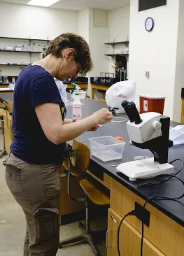 Professor Katy Lustofin prepares a microscope slide in the biology lab in Rickey Science Center at Marietta College