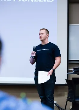 An Entrepreneurship major presents during PioPitch at Marietta College