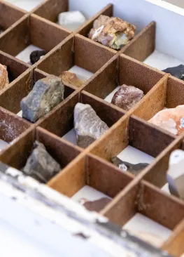 Rocks organized in a bin in a geology lab at Marietta College