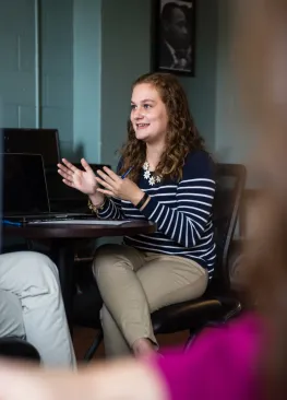 A Marietta College Organizational Communication and Public Relations major speaks with a professor.